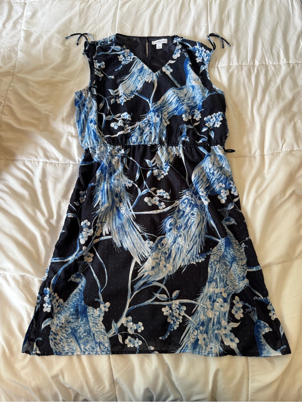 Liz Claiborne Navy and Light Blue Peacock Print V-Neck Dress sz XL